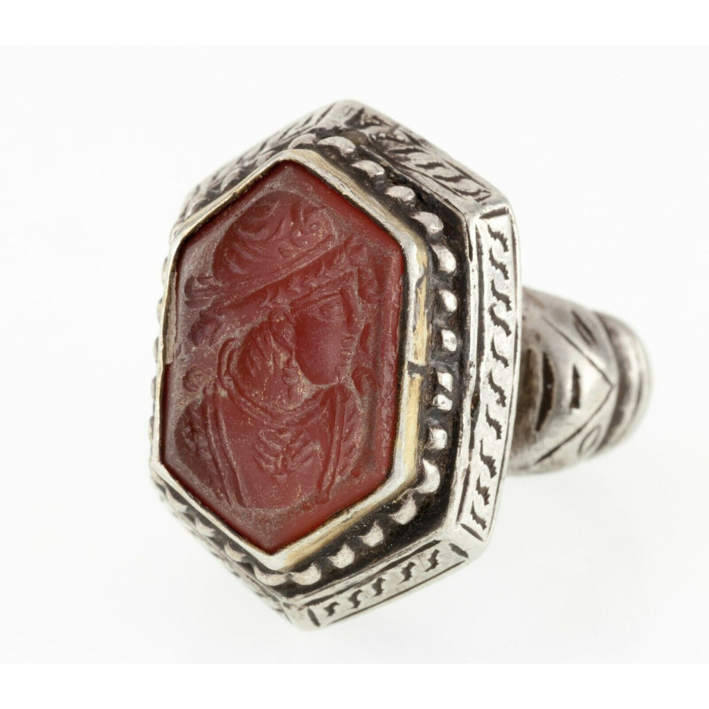 Hand-Chased Afghan Silver and Brass Vintage Carnelian Intaglio Ring Afghan Sz 7