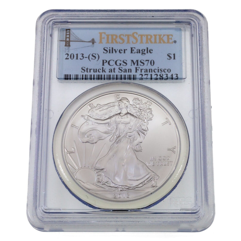 2013-(S) $1 Silver American Eagle Graded by PCGS as MS-70 1st Strike Golden Gate