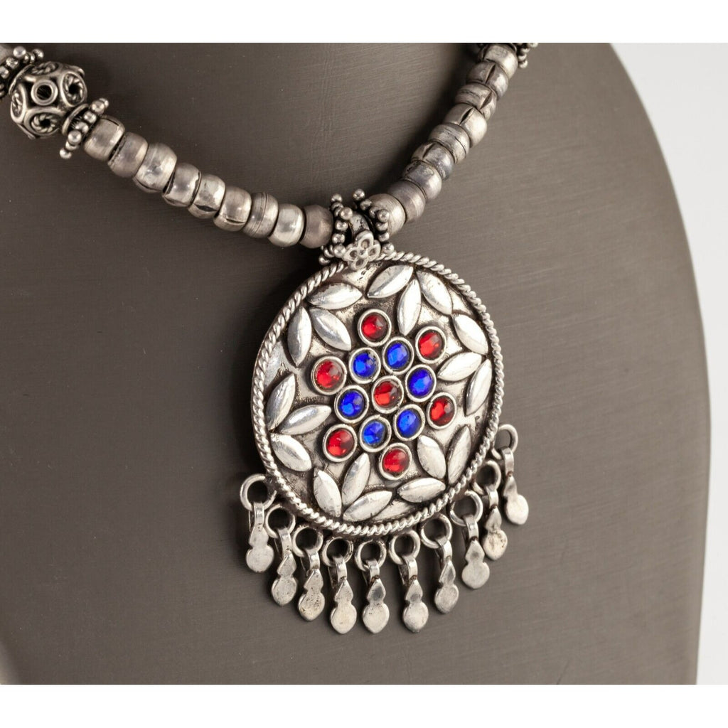 Sterling Silver Red and Blue Stone Pendant Necklace with Ornate Silver Beads