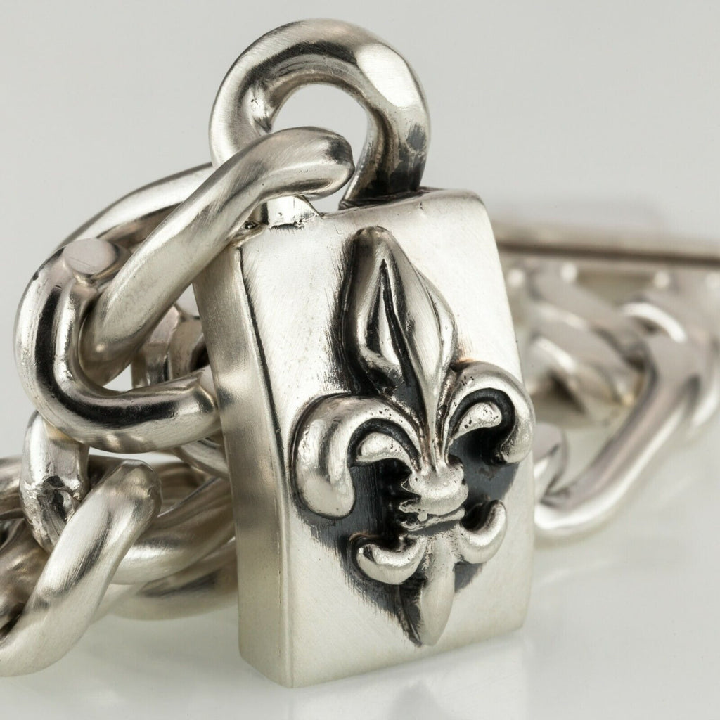 Sterling Silver Chunky Link Bracelet Fleur de Lis 86 grams 7.75"