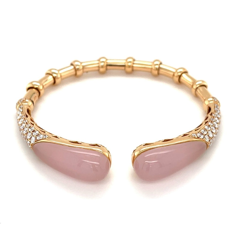 Effepi Gioelli 18K Rose Gold Cuff Bracelet w/ 2.41ct Diamonds & 10ct Rose Quartz, Size 6.