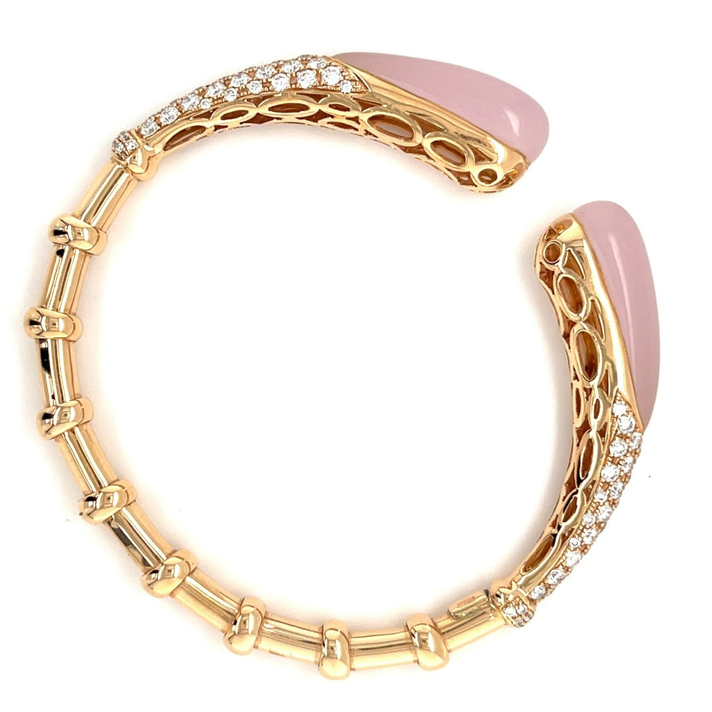 Effepi Gioelli 18K Rose Gold Cuff Bracelet w/ 2.41ct Diamonds & 10ct Rose Quartz, Size 6.