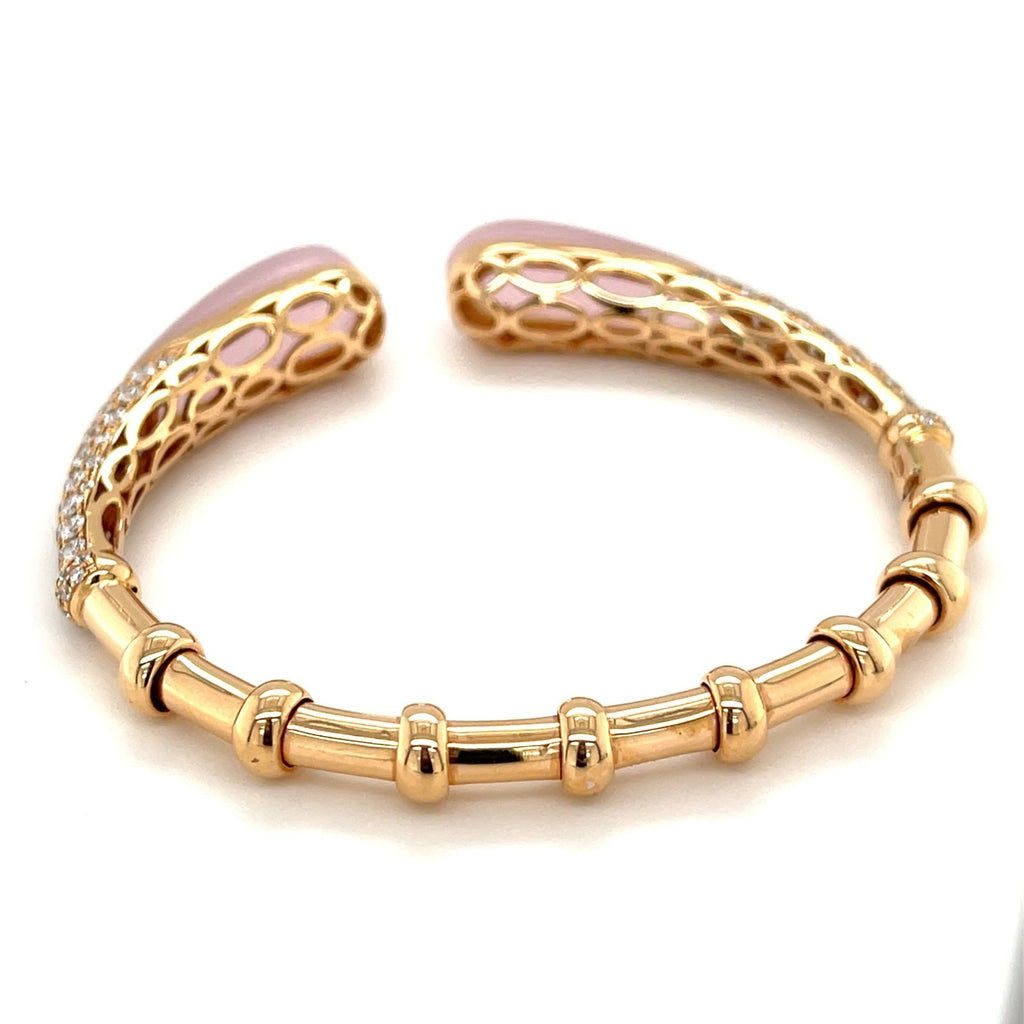Effepi Gioelli 18K Rose Gold Cuff Bracelet w/ 2.41ct Diamonds & 10ct Rose Quartz, Size 6.