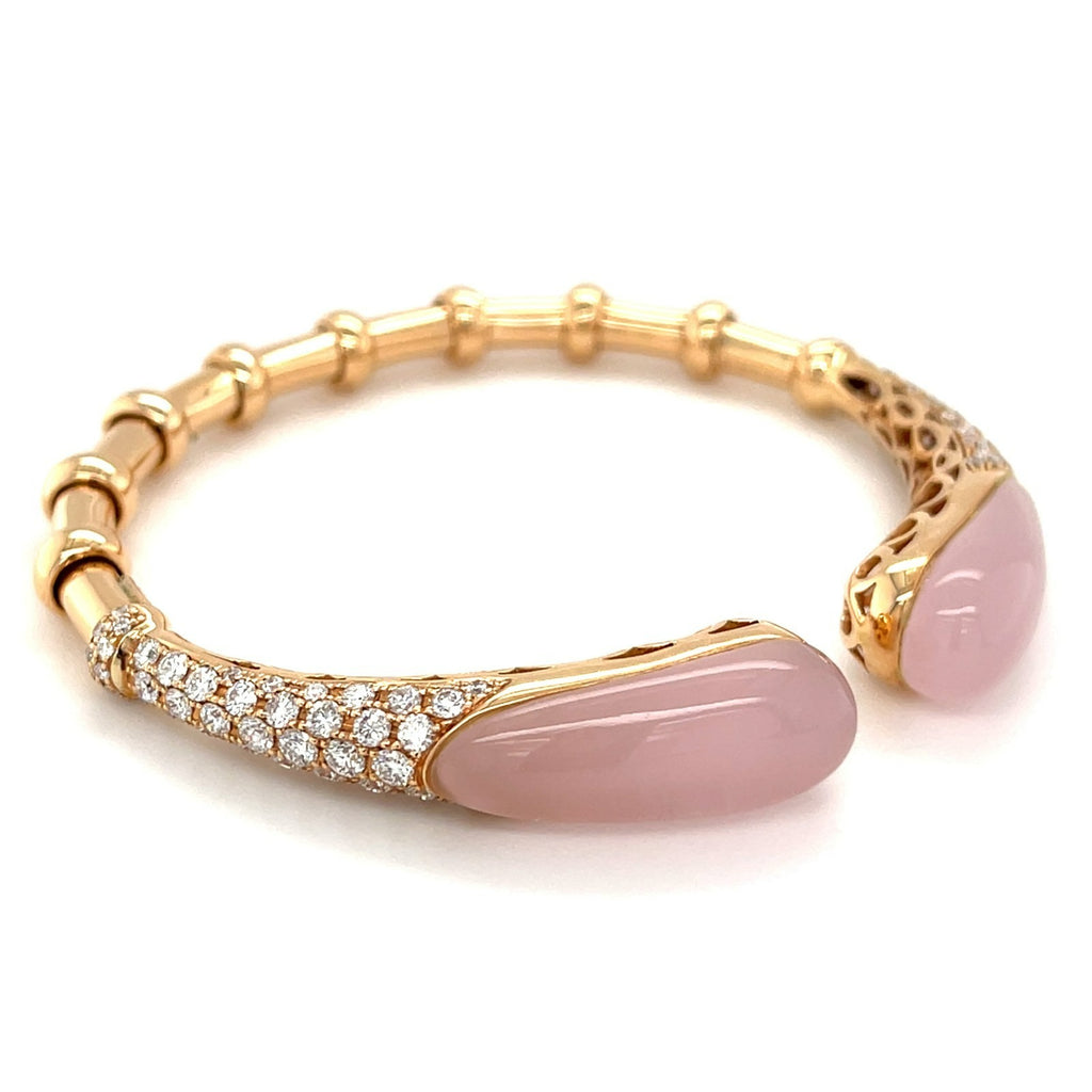Effepi Gioelli 18K Rose Gold Cuff Bracelet w/ 2.41ct Diamonds & 10ct Rose Quartz, Size 6.