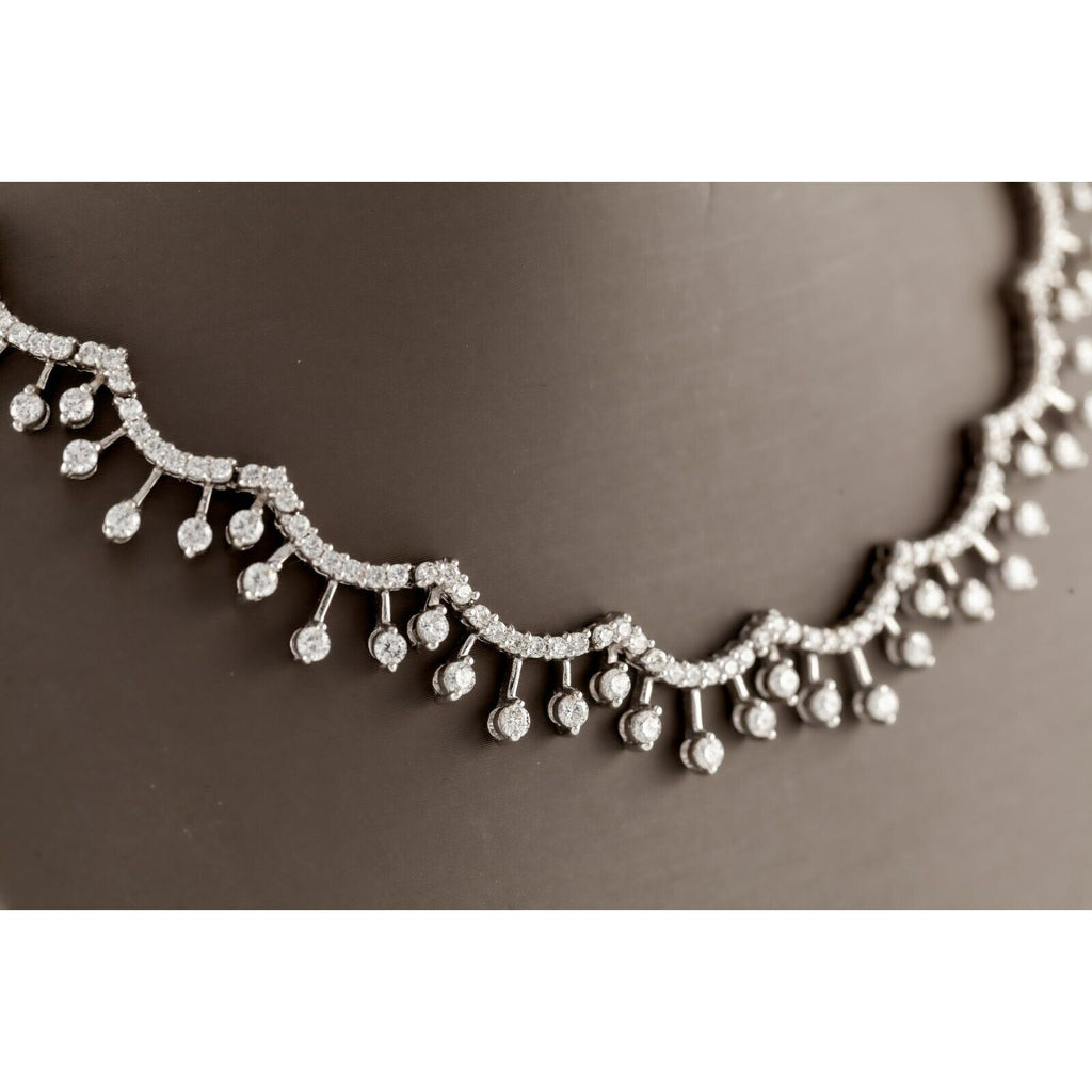 Sterling Silver Cubic Zirconia Bib Necklace with Solitaire Drop Accents 16"