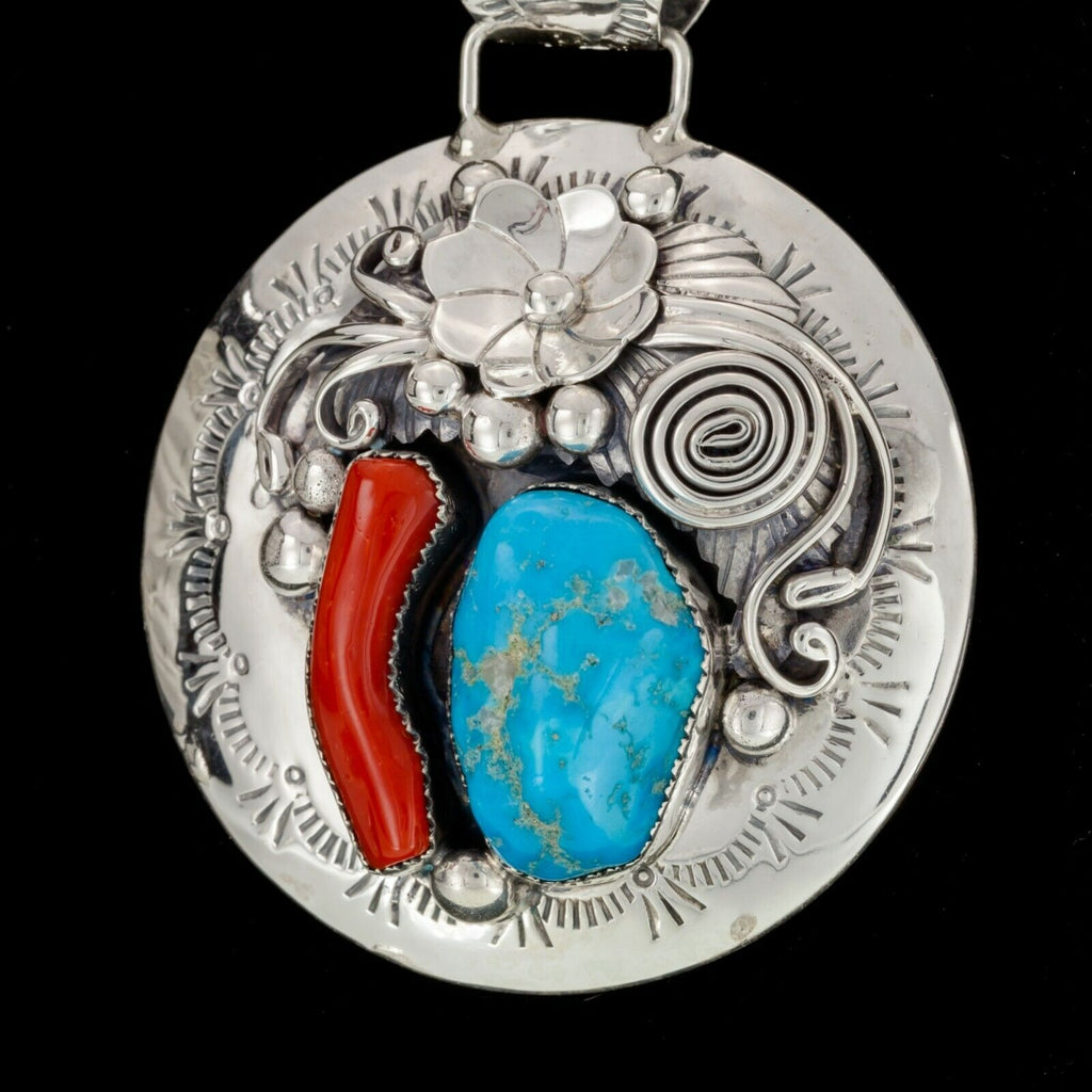 Leo Nez Navajo Turquoise & Red Coral Sterling Silver Round Pendant 36.3gr