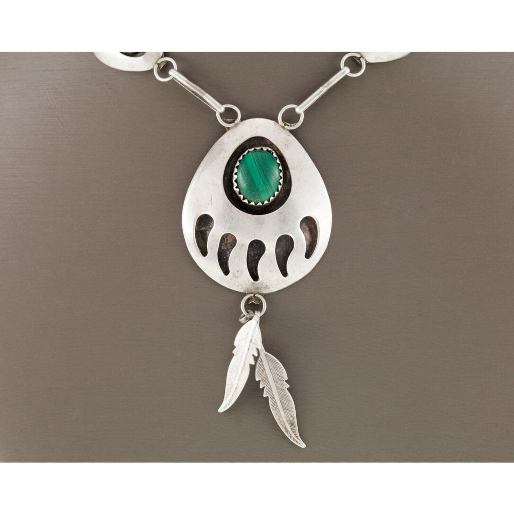 Sterling Silver Navajo Bear Paw Malachite Necklace With Feathers, 27" 24.4g
