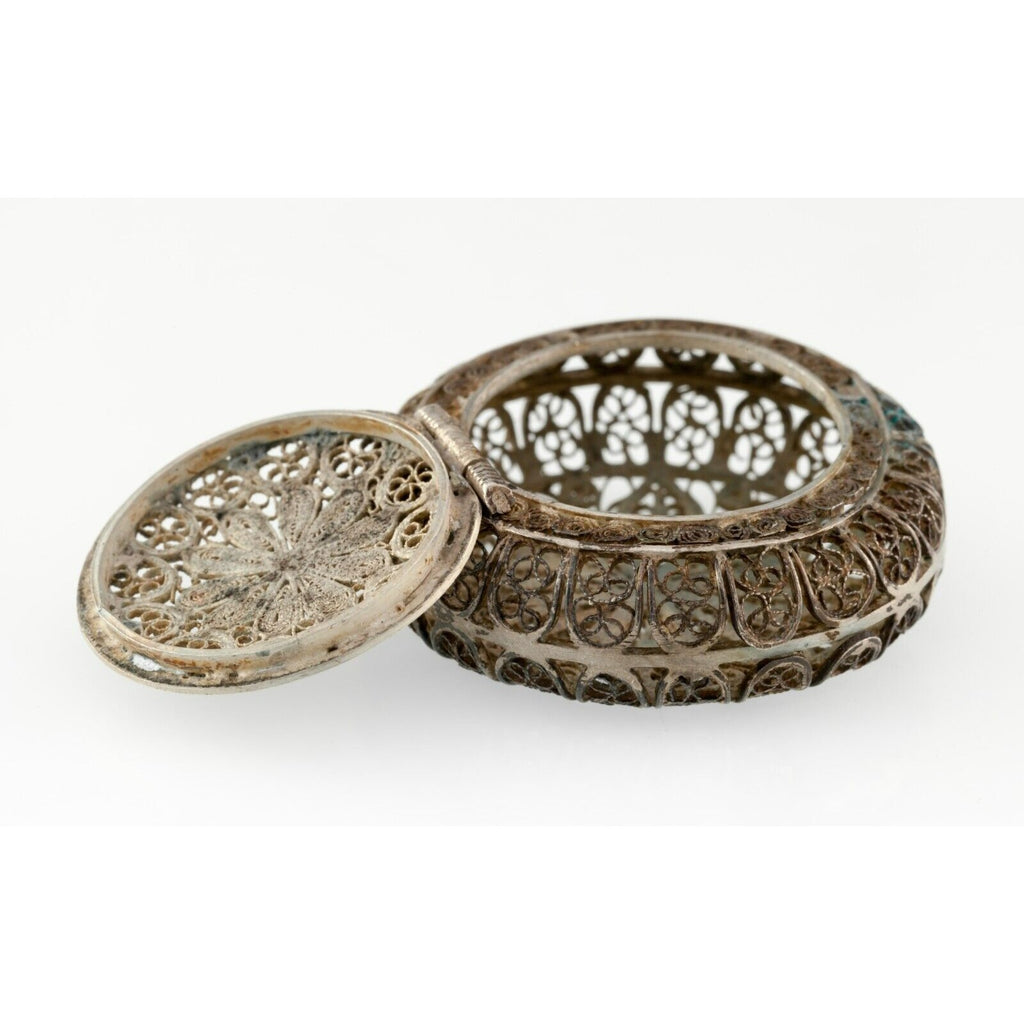 Silver Filigree Antique Pill Box With Sunflower Pattern