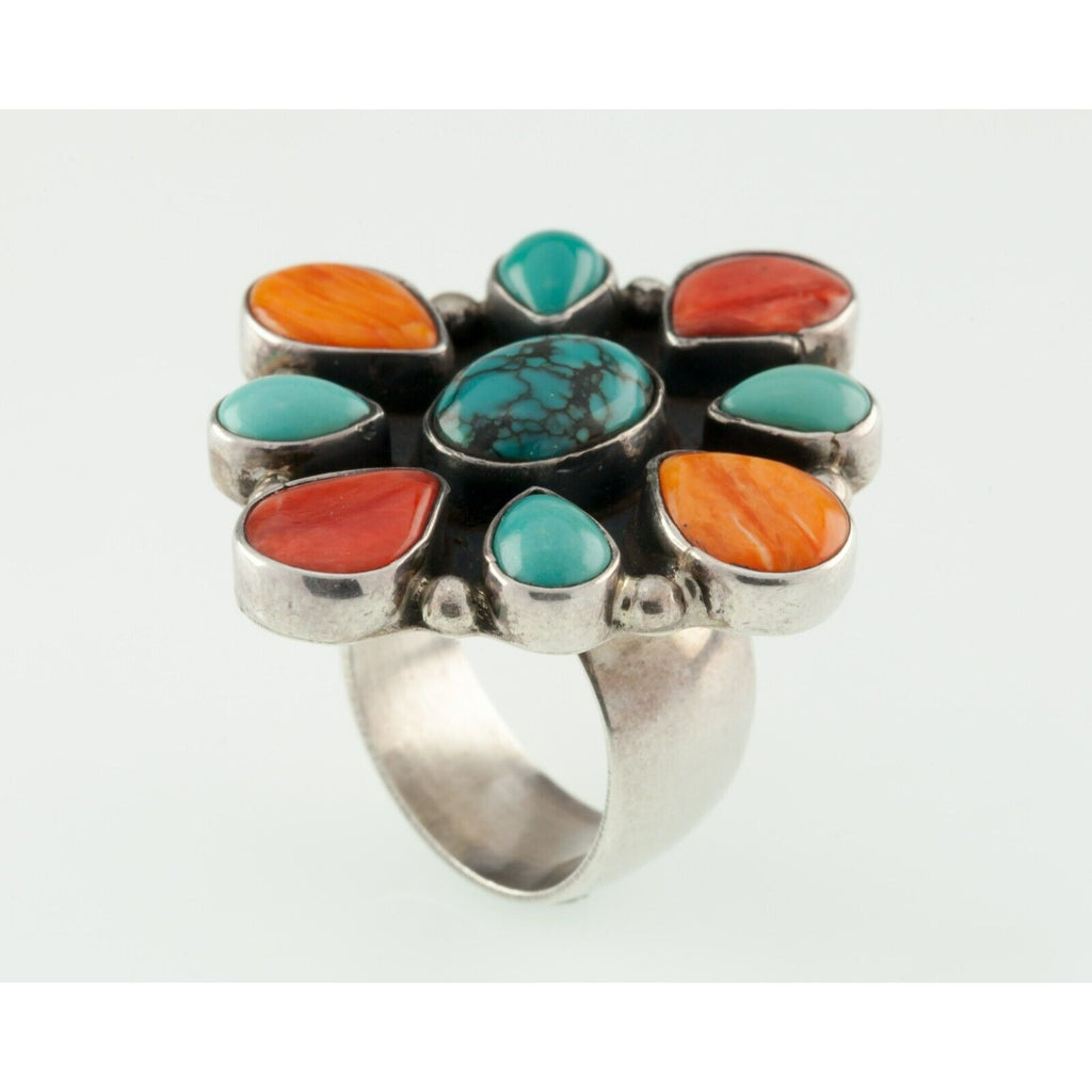 Handmade Turquoise & Orange Spiny Oyster Cluster Sterling Ring Signed!