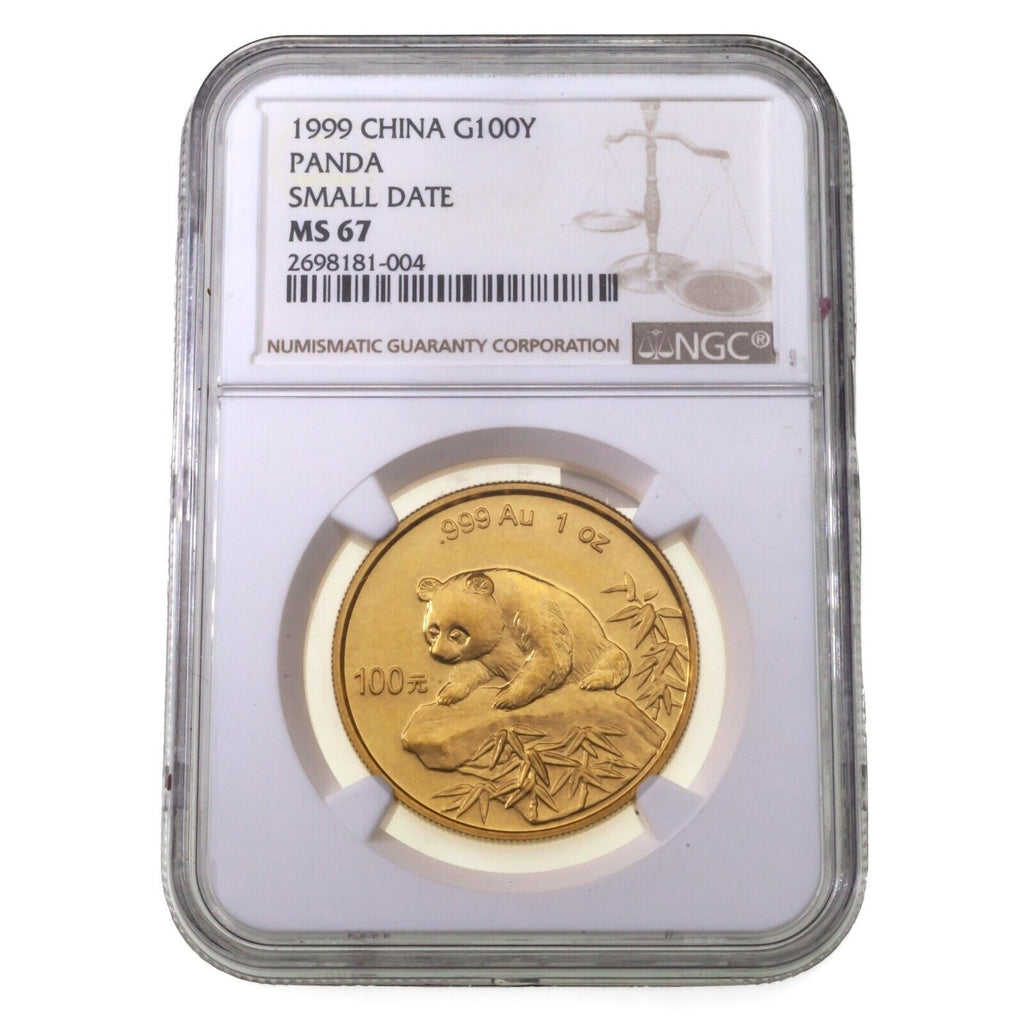 1999 China G100Y 1 Oz. .999 Gold Panda Small Date Graded by NGC as MS67