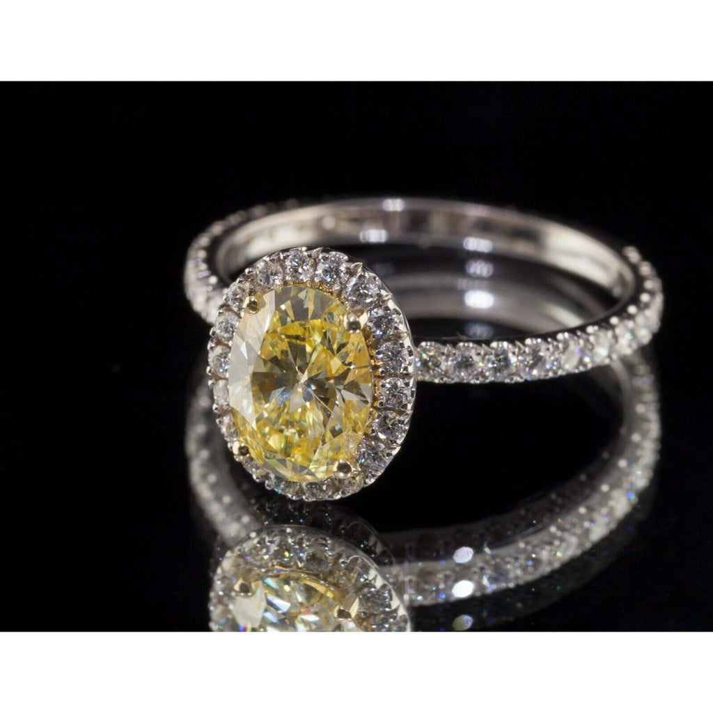 1.23 Carat Oval Cut Fancy Yellow Lab Created Diamond Ring 18k White Gold