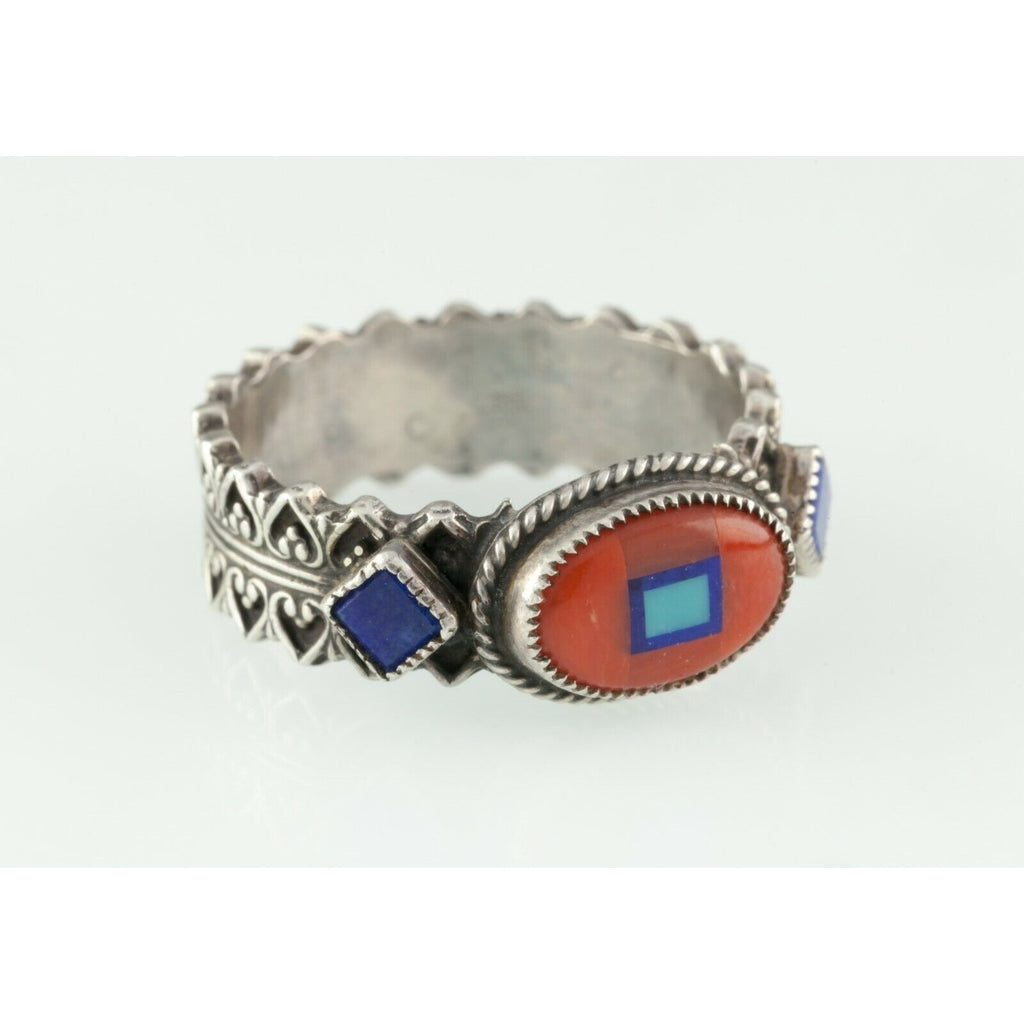 Aldrich Art Studio Red Coral & Lapis Oval Sterling Silver Ring Size 7.25