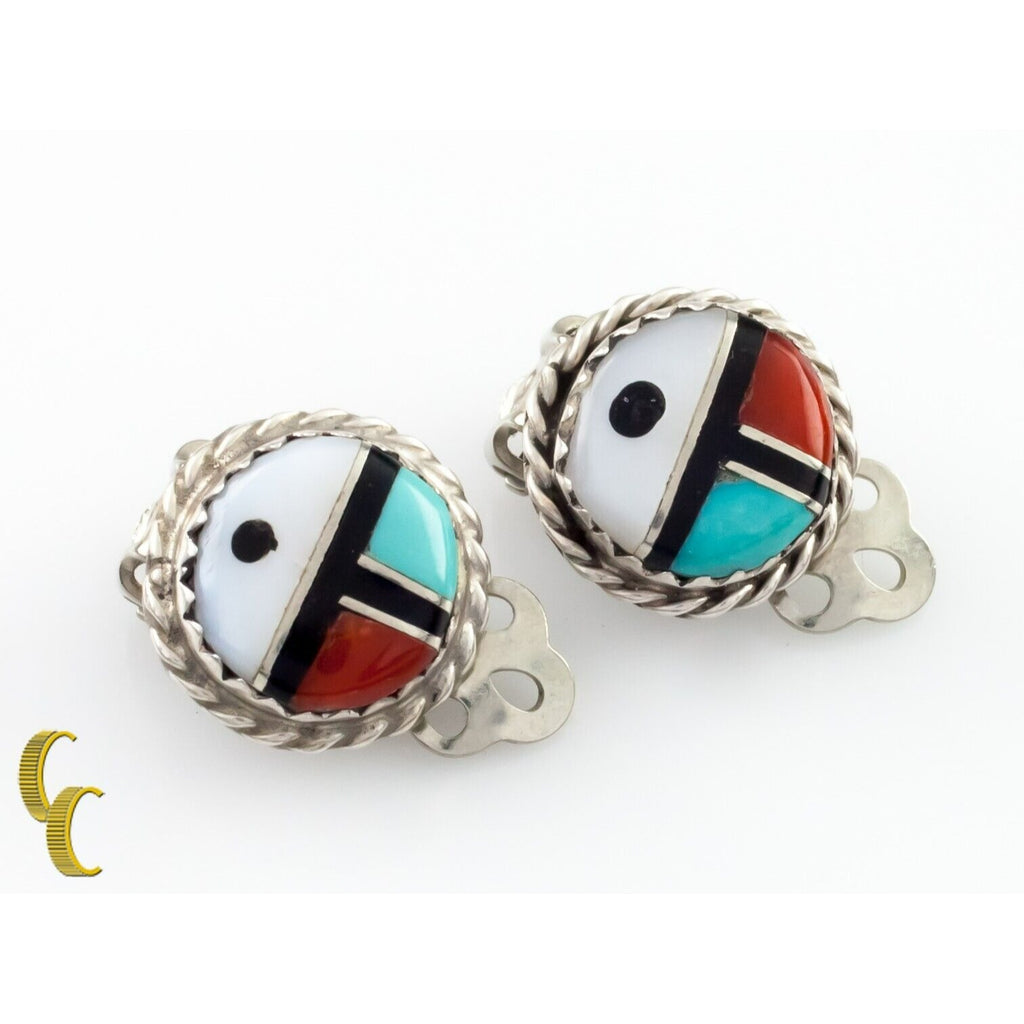 Sterling Silver Lapidary Inlay Clip-On Earrings Turquoise Coral MOP Onyx