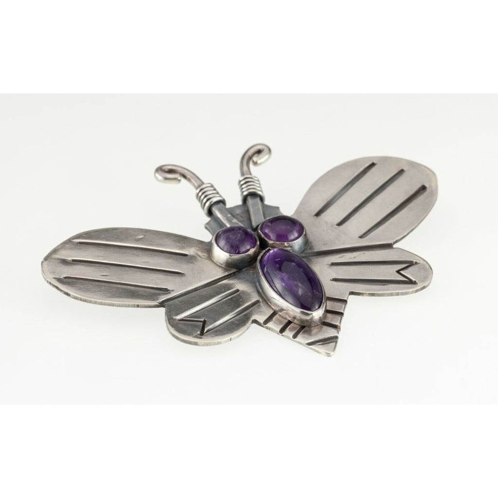 Large Sterling Silver Butterfly With Amethyst Brooch, 85mm Wide! 39.5gr