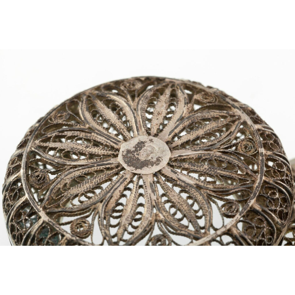 Silver Filigree Antique Pill Box With Sunflower Pattern