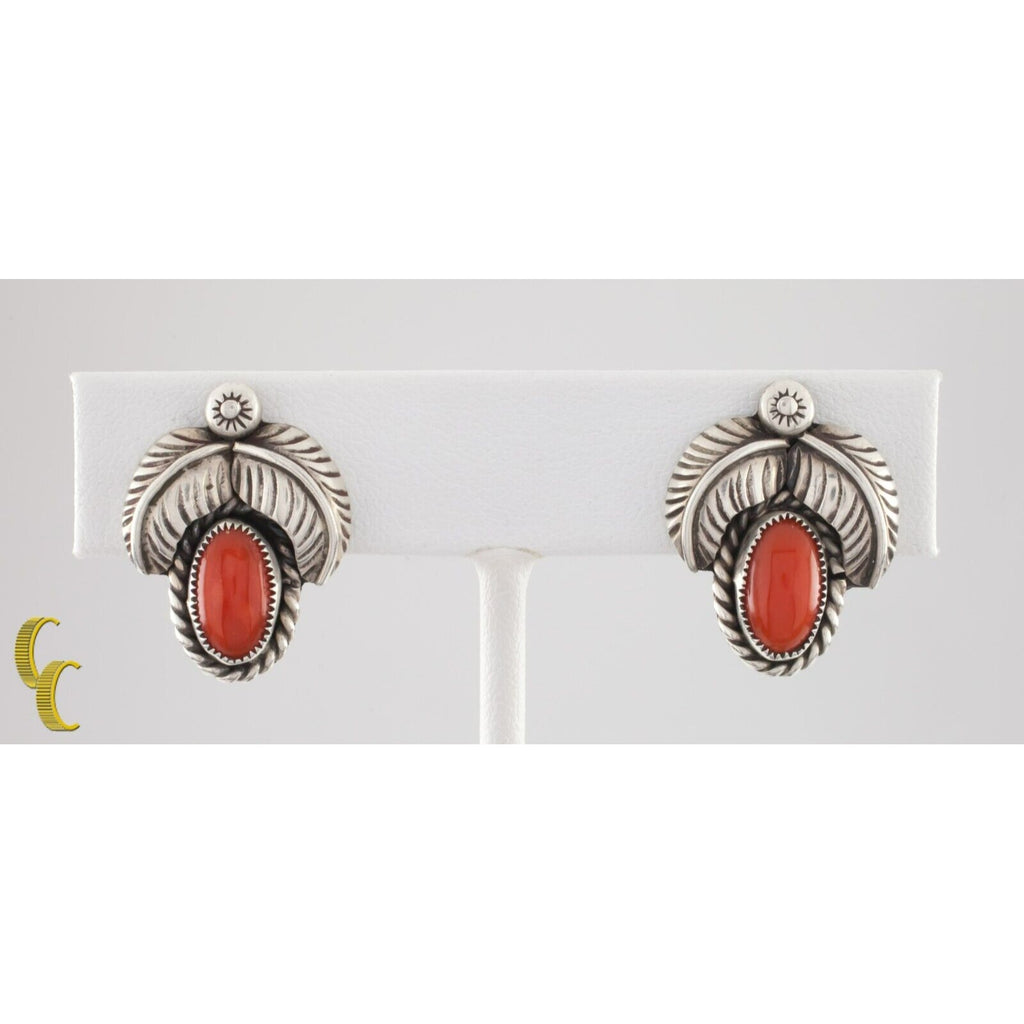 Sterling Silver Coral Clip-On Earrings with Leaf Motifs Gorgeous!