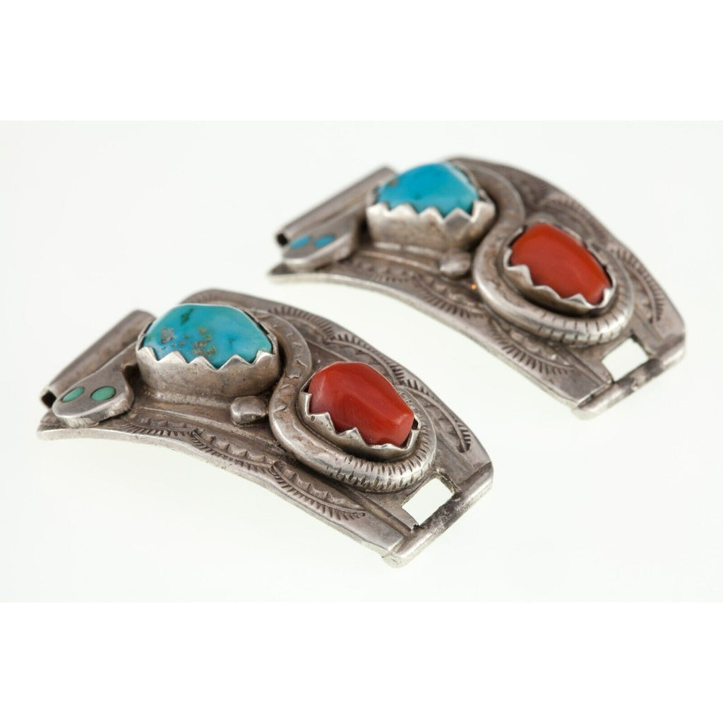 Unique Zuni  Turquoise & Red Coral Watch Band Sterling Links By Effie C.