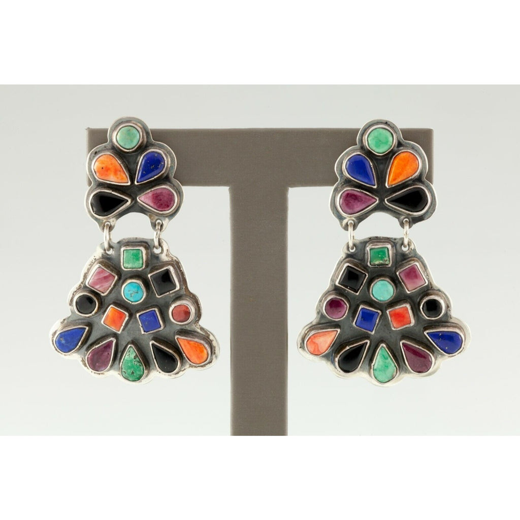 Spirit Winds Navajo Earrings w/ Colorful Gem Set in Sterling, Signed L. U. W.