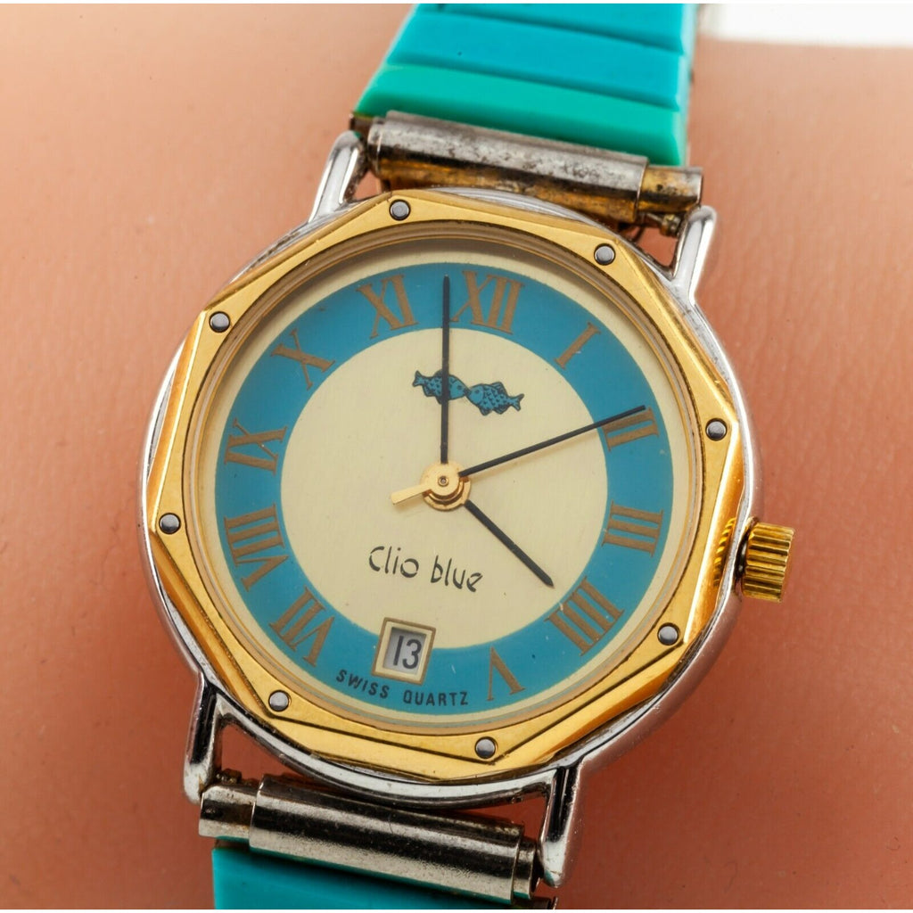 Unique! Clio Blue Quartz Watch with Turquoise Stretch Band 34.8gr