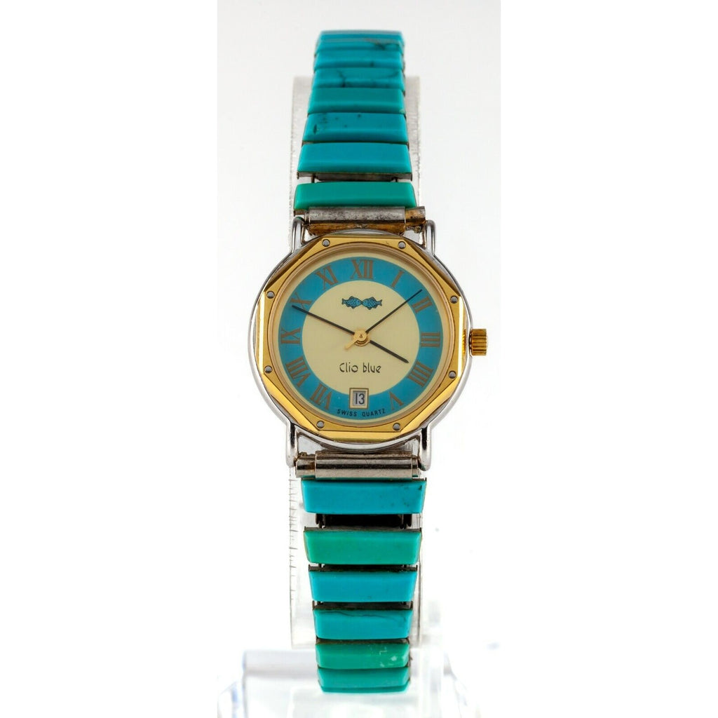 Unique! Clio Blue Quartz Watch with Turquoise Stretch Band 34.8gr