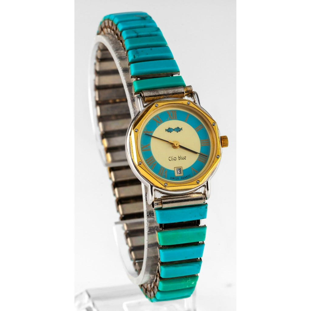 Unique! Clio Blue Quartz Watch with Turquoise Stretch Band 34.8gr