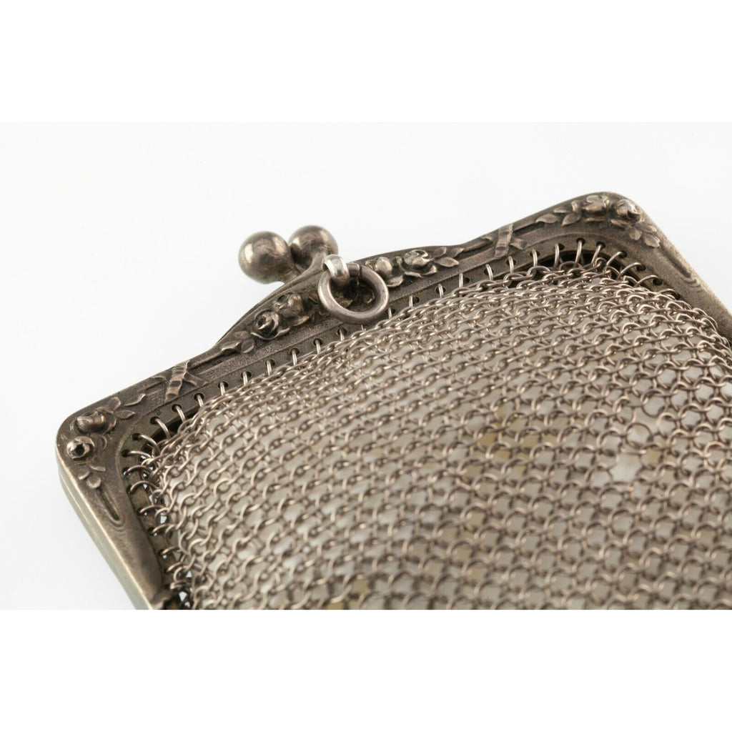 Antique Silver Mesh Change Purse With Rose Pattern