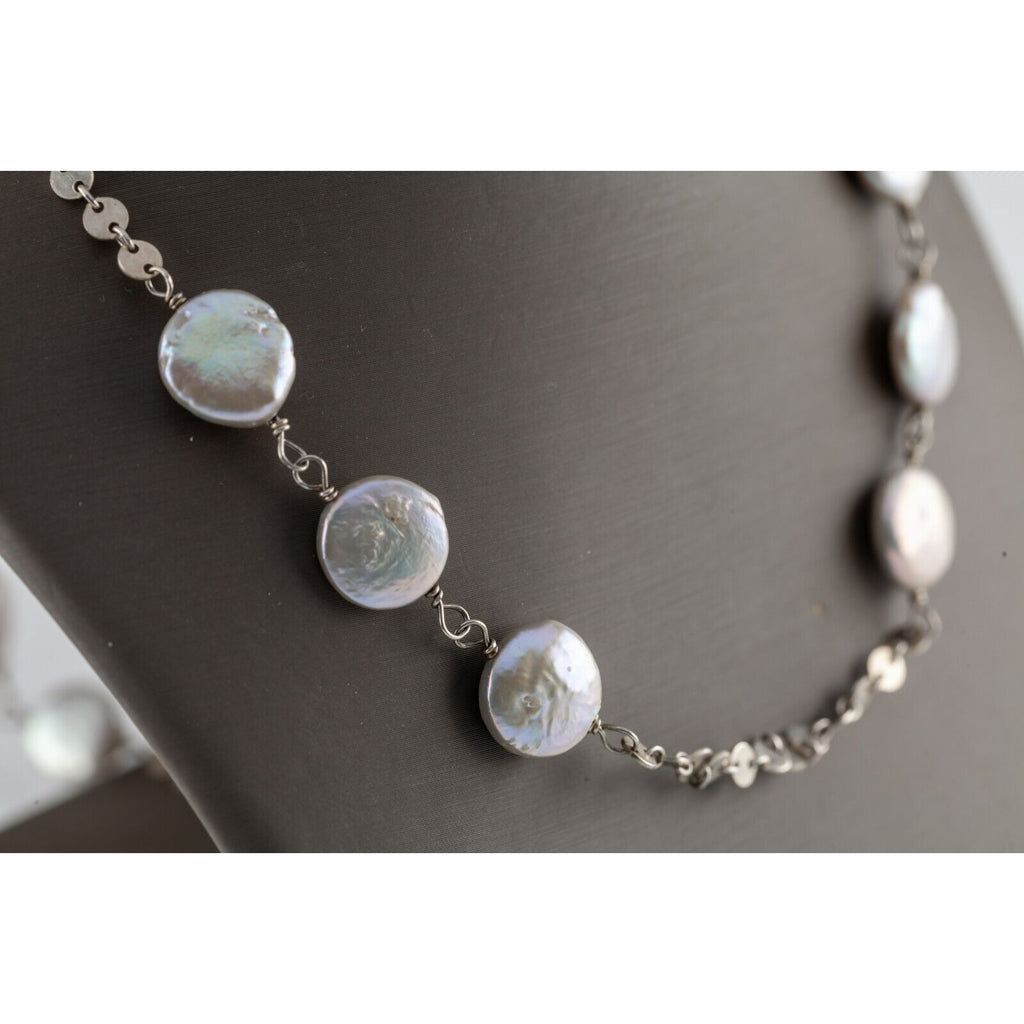 Sterling Silver Opera Length Station Coin Pearl Necklace Gorgeous!