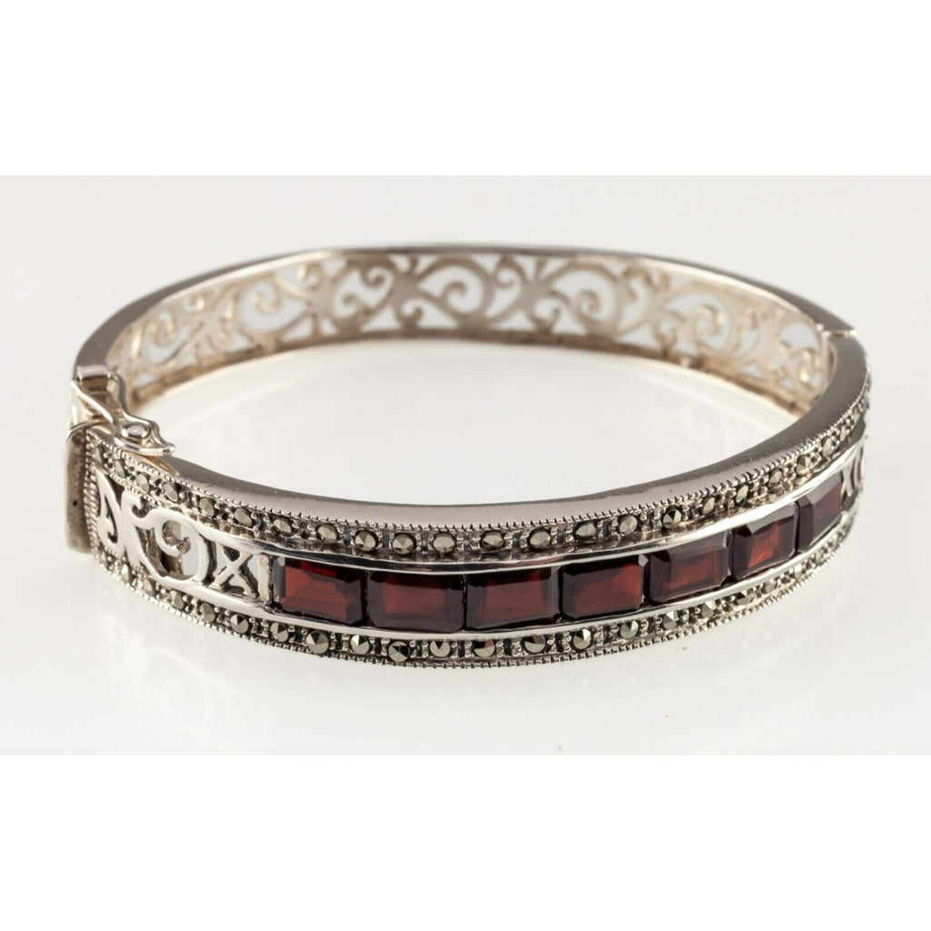 Sterling Silver Thai Bangle with Bezel Set Garnets and Marcasite Accents