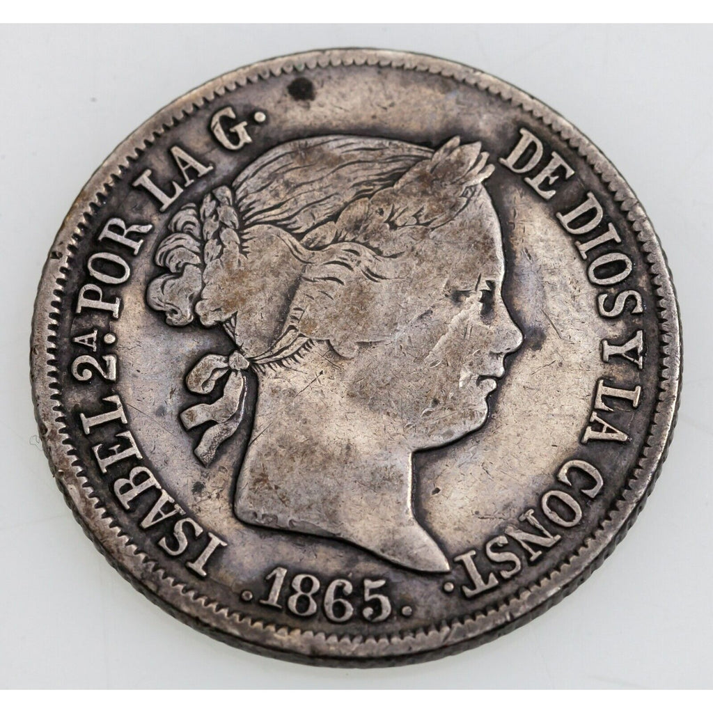 1865 Spain 40 Centimos Silver Coin in Fine Condition, KM# 628.2