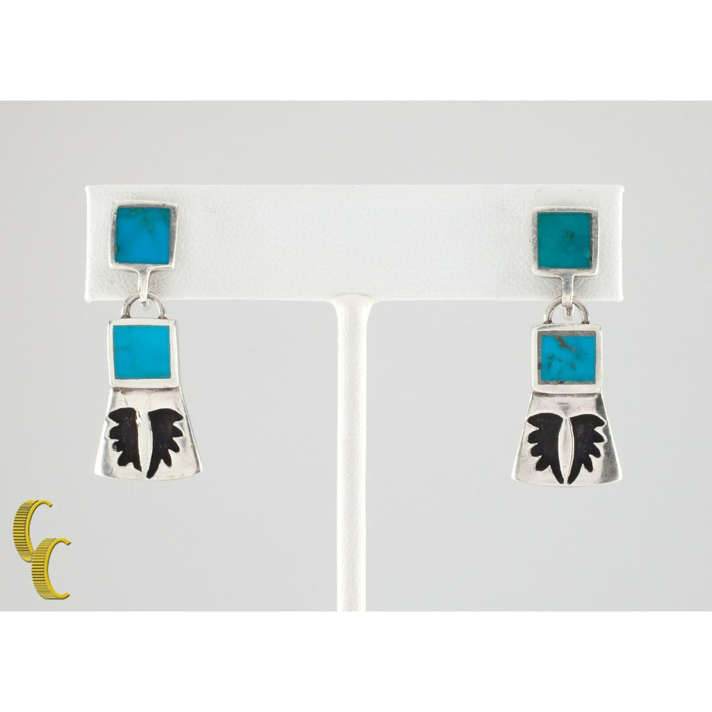 Sterling Silver Turquoise Inlay Dangle Earrings with Screwbacks Wingspan