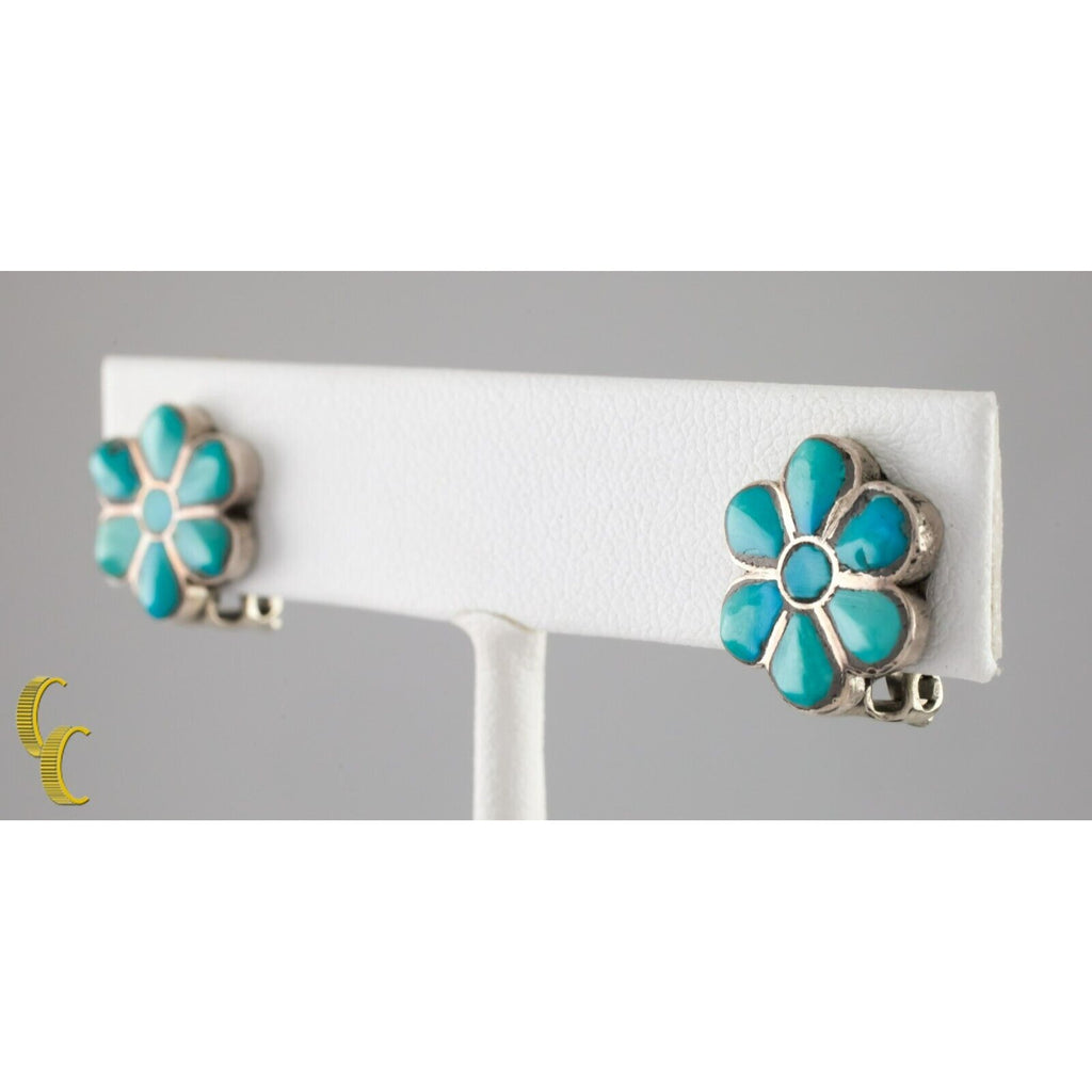 Sterling Silver Turquoise Flower Blossom Lapidary Inlay Clip-On Earrings