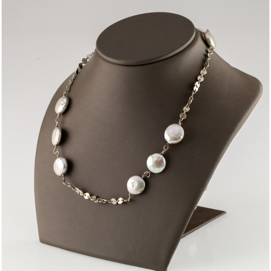 Sterling Silver Opera Length Station Coin Pearl Necklace Gorgeous!