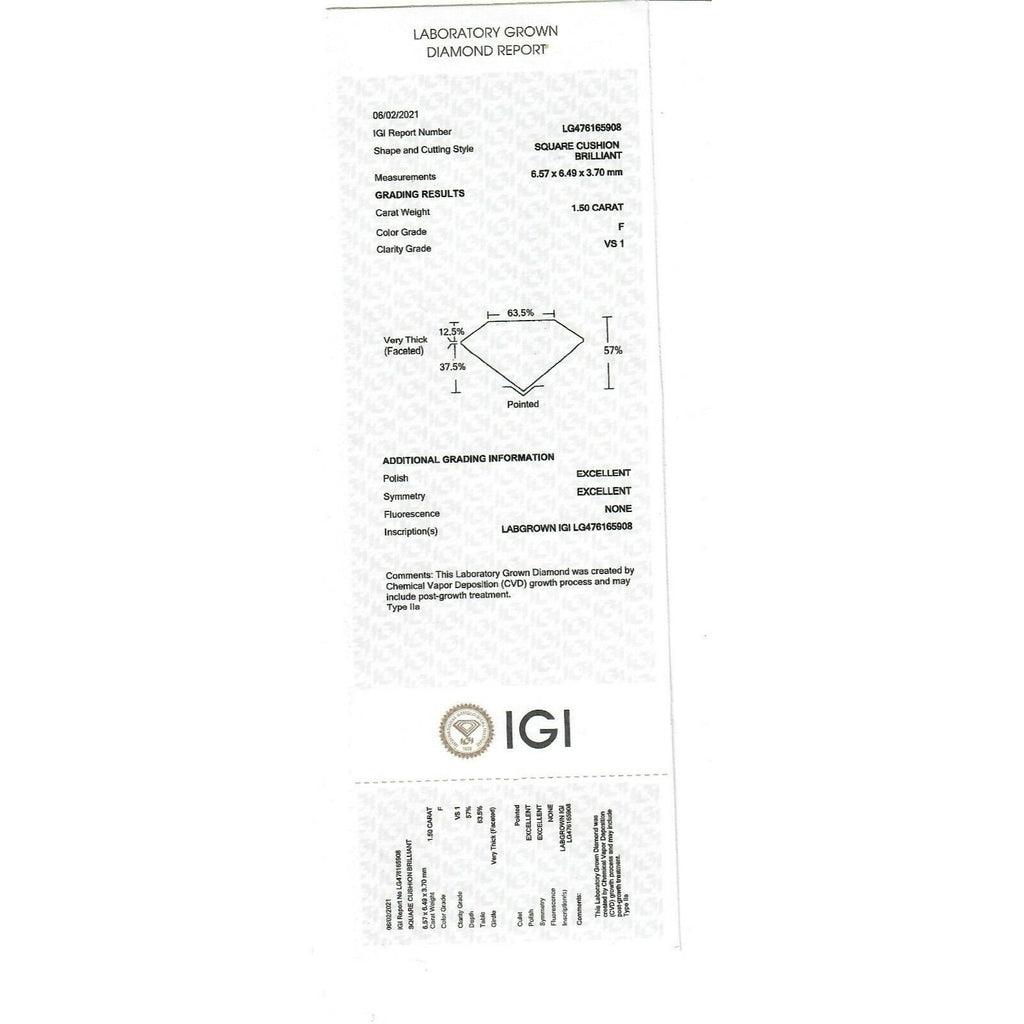1.50 Ct CVD Lab Grown Cushion Cut Diamond F VS1 IGI Certified