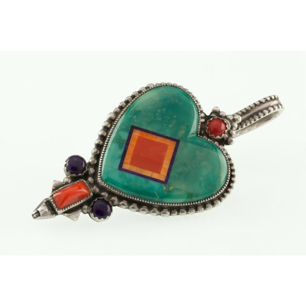Aldrich Art Studio Turquoise, Spiny & Coral Inlay Sterling Silver Pendant 15.3gr