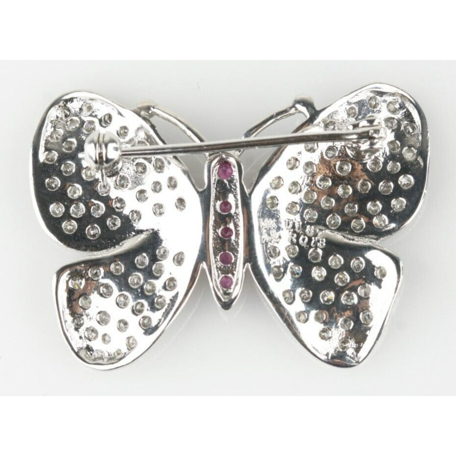 14k White Gold Butterfly Pave Diamond Brooch with Ruby Accents TDW = 1.87 ct