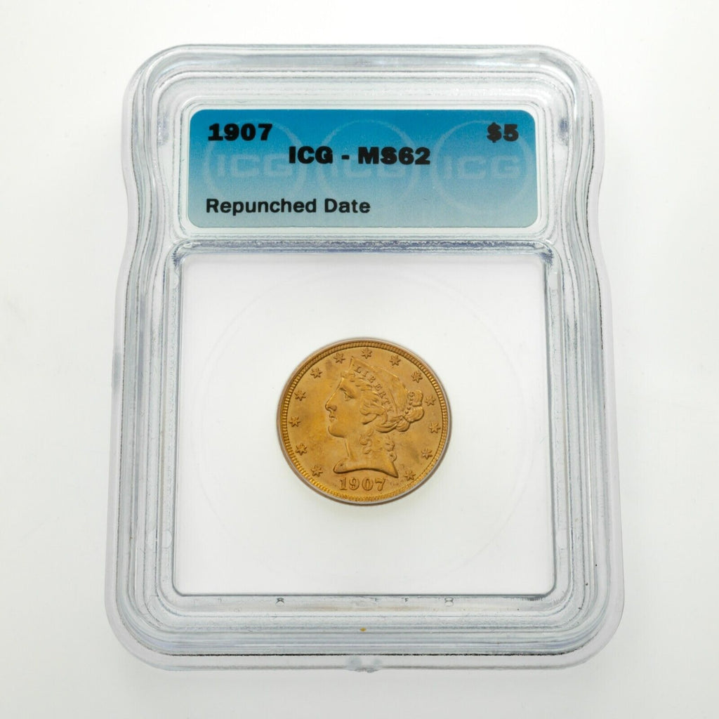 1907 $5 Gold Liberty Repunched Date Graded by ICG as MS62
