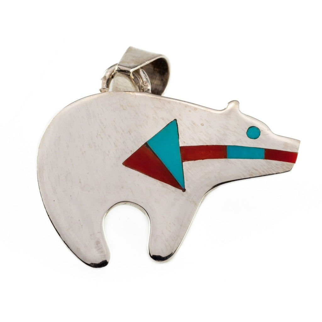 Rudell and Nancy Laconsello ZUNI Bear w/ Turquoise & Coral Inlay Pendant