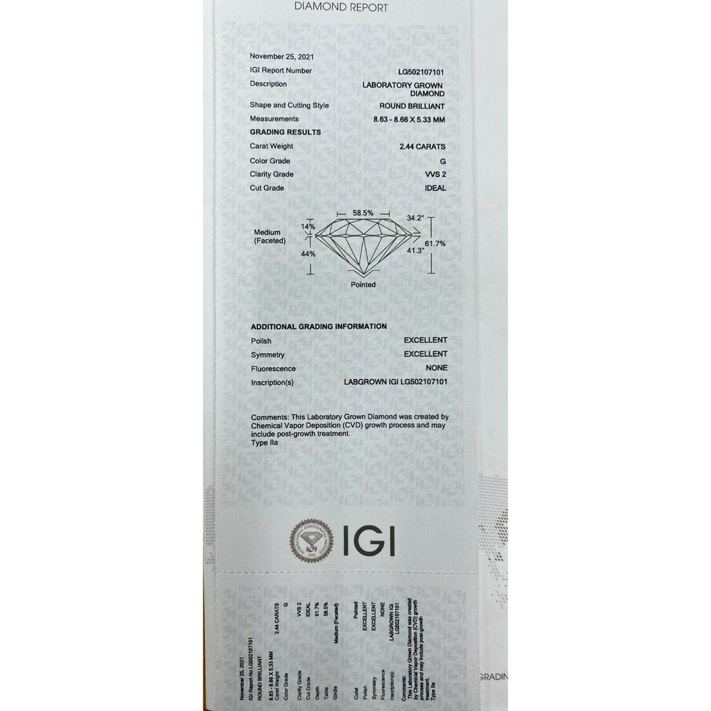 Lot of 2 CVD Lab Grown Round Cut Diamonds IGI Certified TCW = 4.86 Cts G VS2+