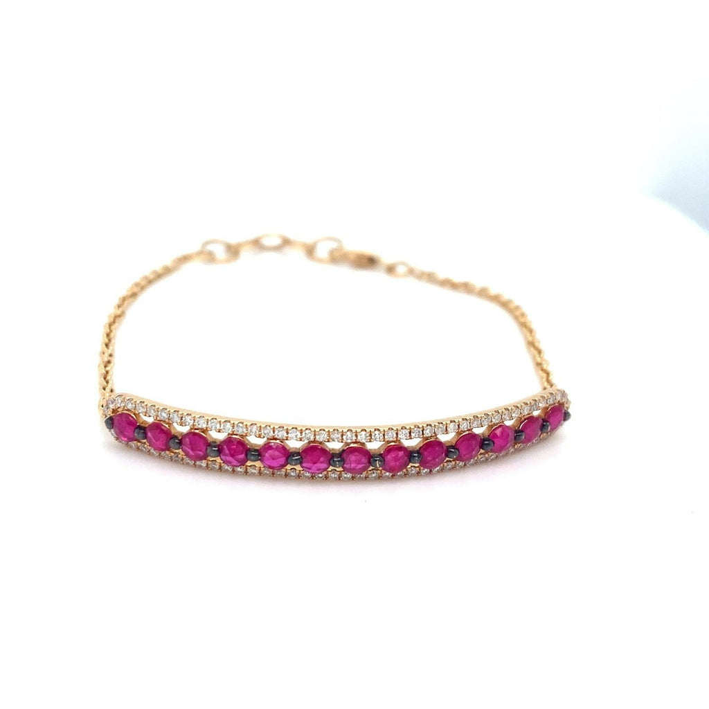 18k Yellow Gold Diamond and Red/Pink Gem Plaque Chain Bracelet 7" 5.5g