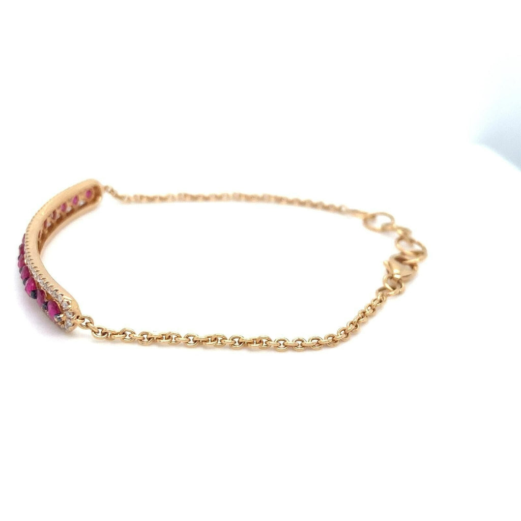 18k Yellow Gold Diamond and Red/Pink Gem Plaque Chain Bracelet 7" 5.5g