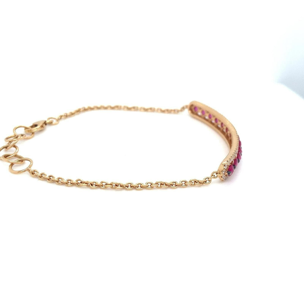 18k Yellow Gold Diamond and Red/Pink Gem Plaque Chain Bracelet 7" 5.5g