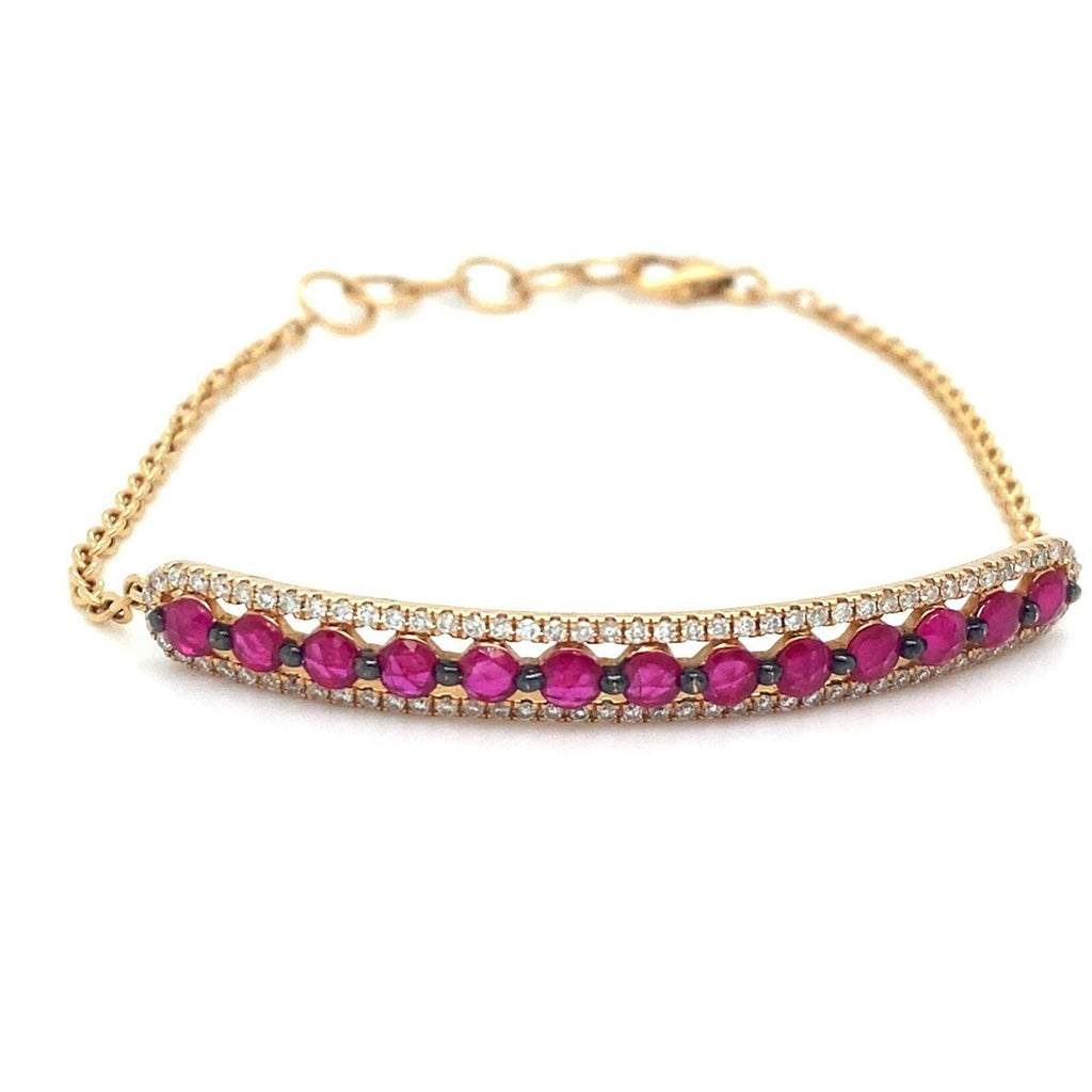18k Yellow Gold Diamond and Red/Pink Gem Plaque Chain Bracelet 7" 5.5g