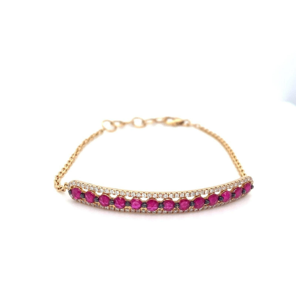 18k Yellow Gold Diamond and Red/Pink Gem Plaque Chain Bracelet 7" 5.5g