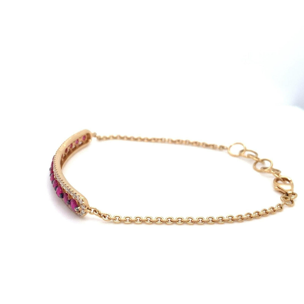 18k Yellow Gold Diamond and Red/Pink Gem Plaque Chain Bracelet 7" 5.5g