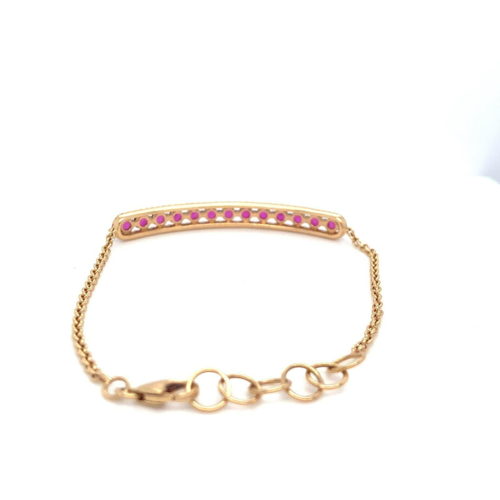 18k Yellow Gold Diamond and Red/Pink Gem Plaque Chain Bracelet 7" 5.5g