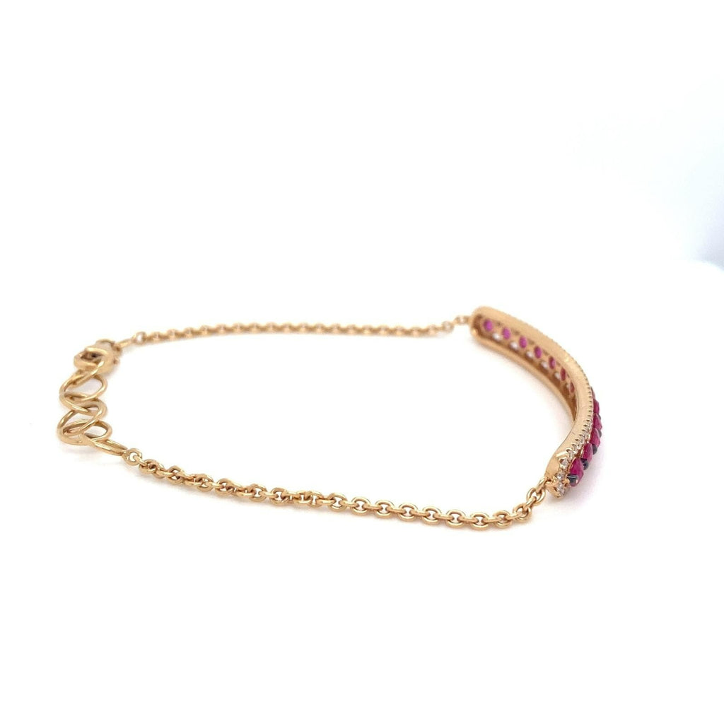 18k Yellow Gold Diamond and Red/Pink Gem Plaque Chain Bracelet 7" 5.5g