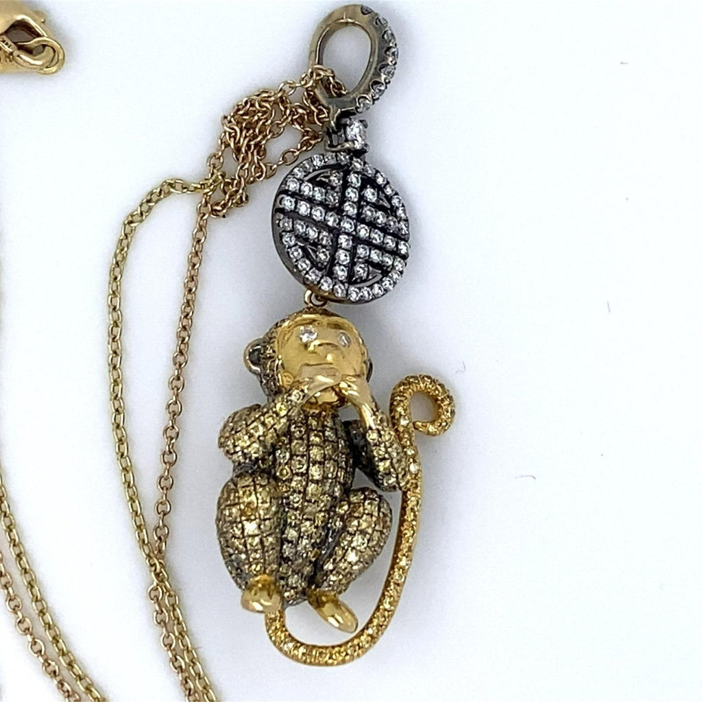 18k Gold "Speak No Evil" Diamond Monkey Pendant W/Necklace by Lorraine Schwartz
