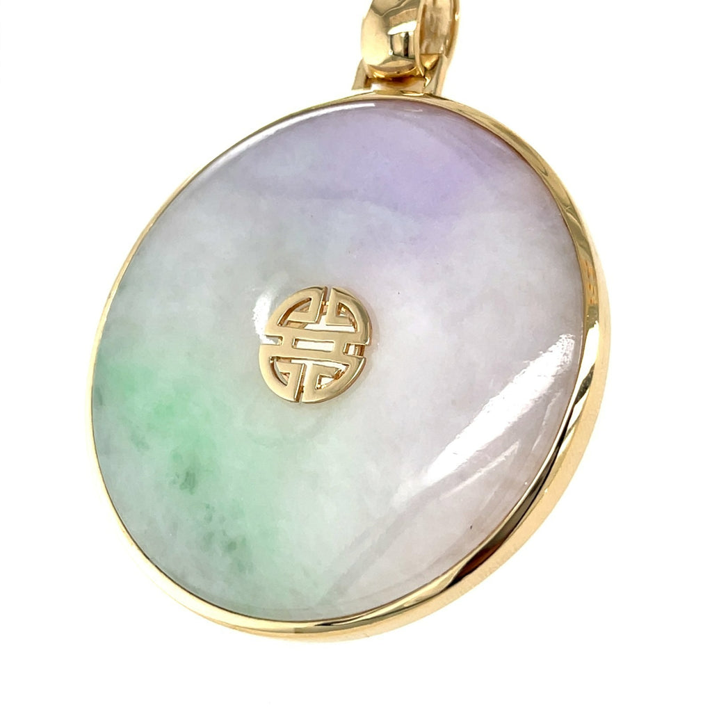 14K Solid Gold & Multicolor Jade Disc Pendant w/ Longevity “Shou” Symbol, 41g