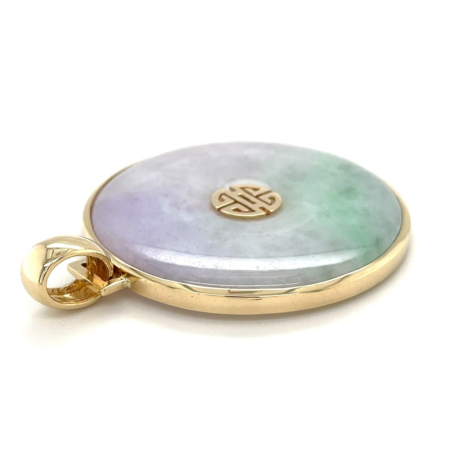 14K Solid Gold & Multicolor Jade Disc Pendant w/ Longevity “Shou” Symb ...