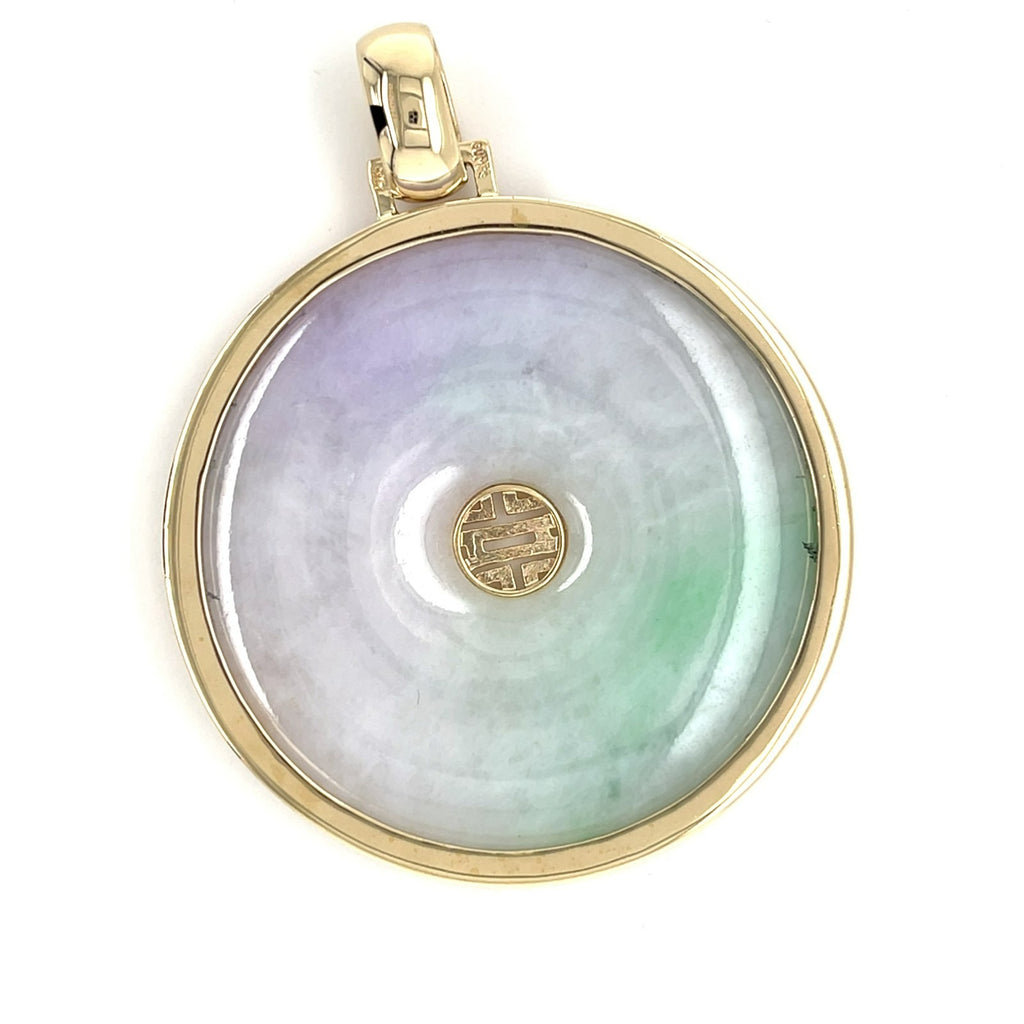 14K Solid Gold & Multicolor Jade Disc Pendant w/ Longevity “Shou” Symbol, 41g